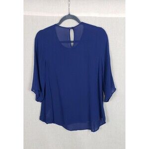 Silk Modal Blouse M Royal Blue Keyhole Back Sheer Casual Shell USA Quiet Luxury